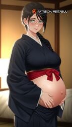 ai_generated aqua_eyes big_belly black_hair black_kimono bleach bleach:_the_thousand-year_blood_war blurry_background blush braid braided_ponytail breasts closed_mouth female glasses hair_over_shoulder hands_on_own_stomach indoors japanese_clothes kimono large_breasts lips lisa_yadomaru long_hair long_sleeves looking_at_viewer mature_female meitabuu mole mole_under_eye mole_under_mouth navel obi pregnant round_eyewear sash single_braid smile solo standing wide_sleeves yadoumaru_lisa