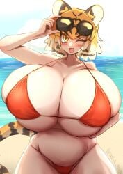 1female 1girls alternate_version_available beach beach_background big_breasts bikini_only blush blush breasts cheering female female_only glasses glasses_on_head holding_sunglasses huge_breasts kemono_friends looking_at_viewer red_bikini siberian_tiger_(kemono_friends) sunglasses sunglasses_on_head tanio_(tanio_0114) tiger tiger_ears tiger_girl tiger_tail yellow_eyes