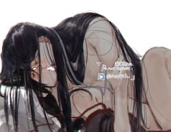 1010923 2boys after_kiss alternate_hairstyle anal bare_shoulders bed_sheet black_hair black_hanfu blush bottomless boy_on_top chinese_clothes chinese_text clothed_male_nude_male clothes_down couple crying crying_with_eyes_open from_side grabbing_another's_arm grey_eyes hair_down hanfu highres implied_sex lan_wangji long_hair looking_at_another lying male male_focus missionary modao_zushi multiple_boys nude on_back on_bed open_clothes open_robe partially_undressed pillow profile red_ribbon ribbon robe robe_partially_removed saliva saliva_trail sex simple_background spread_legs tears tongue tongue_out twitter_username very_long_hair watermark wei_wuxian white_background white_ribbon yaoi