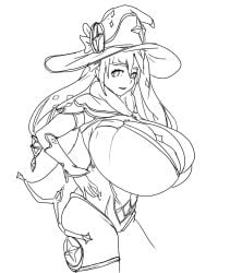 1girls breasts breasts_bigger_than_head busty cleavage elbow_gloves female female_only genshin_impact gigantic_breasts hand_on_hip huge_breasts leotard long_hair looking_at_viewer massgrave massive_breasts mona_(genshin_impact) monochrome open_mouth overflowing_breasts simple_background smile solo tied_hair top_heavy twintails white_background witch_hat