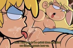 2girls bed bedroom breasts dialogue female female_only gyaradosageiii hands_on_hips incest laying_down laying_on_back laying_on_bed leni_loud licking licking_pussy light-skinned_female light_skin lori_loud nickelodeon squirting sweat teenage_girl the_loud_house tongue_out yuri