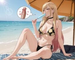 1girls ai_generated beach beach_umbrella bikini bitchy blonde_hair blowjob_face breasts choker fantasizing female floral_print heart human ice_cream japanese_female kitagawa_marin lewd light-skinned_female light_skin looking_away makeup multicolored_hair penis perfect_body piercing pink_eyes popsicle saliva_drip saliva_trail sand sitting solo solo_female sono_bisque_doll_wa_koi_wo_suru stable_diffusion sucking_popsicle suggestive suggestive_look sweaty thong thought_bubble vooluxx water