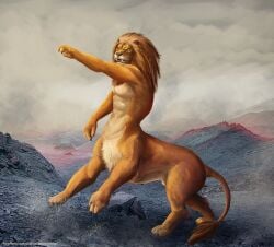 animal_genitalia fangs felid fully_sheathed fur genitals lion male male_taur mammal mane navel open_mouth orange_body orange_eyes orange_fur orange_mane outside pantherine satanic_monkey sheath side_view solo tan_body tan_fur tan_sheath taur teeth whiskers