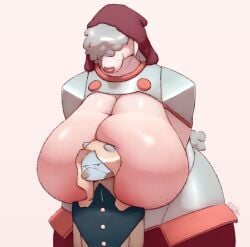 2021 agnes_(kkoart) angry anthro areola arm_under_breasts armor big_breasts blonde_hair boob_hat bovid breasts caprine curvy_figure duo female freckled_breasts freckles fur grey_hair hair hair_over_eyes hood huge_breasts hyper hyper_breasts kkoart larger_female long_hair male male/female mammal markings mole_(marking) murid murine rat rodent sheep simple_background size_difference smaller_male smile voluptuous wide_hips wool_(fur)
