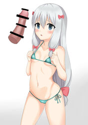 :o bangs bare_arms bare_shoulders bikini blue_eyes blush bow breasts cameltoe censored clenched_hands collarbone cowboy_shot disembodied_penis eromanga_sensei female green_bikini green_ribbons grey_background hair_between_eyes hairbow izumi_sagiri legs_apart long_hair low-tied_long_hair micro_bikini navel open_mouth penis pink_bow raised_eyebrows ribbon side-tie_bikini sidelocks silver_hair simple_background small_breasts solo standing stomach string_bikini swimsuit tareme toshishikisai very_long_hair