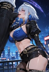 1boy 1girl ai_assisted ai_generated bangs belt black_gloves black_jacket blue_hair blush breasts building choker city city_lights cityscape covered_nipples curvaceous curvy curvy_female curvy_figure earrings female galbrena_(wuthering_waves) garter_straps gloves hetero jacket jewelry large_breasts midriff miyuai navel night night_sky o-ring open_mouth police purple_eyes short_hair shorts sitting sky skyscraper solo_focus star_(sky) starry_sky sweat tacet_mark_(wuthering_waves) thick thick_ass thick_butt thick_hips thick_legs thick_thighs thigh_strap thighhighs tongue tongue_out voluptuous voluptuous_female wide_hips wide_thighs wuthering_waves