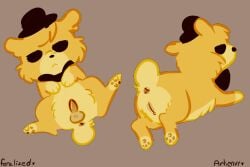 anus artienvy ass bear black_clothing black_eyes black_nose bored bow_tie clothing countershading ears_down erection female feral feralized five_nights_at_freddy's fur genitals golden_freddy_(fnaf) headgear headwear hi_res lying male mammal nub_tail on_back on_front pawpads penis pivoted_ears presenting presenting_anus presenting_hindquarters presenting_penis presenting_vulva scottgames solo spread_legs spreading vulva yellow_anus yellow_body yellow_fur yellow_penis