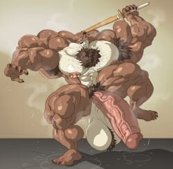 absurd_res anthro armpit_hair ball_tuft beard big_muscles bleach_(series) bodily_fluids body_hair canid canine canis chest_hair chest_tuft claws facial_hair genitals hairy hi_res huge_muscles hyper hyper_genitalia hyper_muscles male mammal muscular muscular_anthro muscular_male musk musk_clouds nipple_piercing nipples on_one_leg penis piercing pubes remert sajin_komamura solo standing sweat sweatdrop tuft vein veiny_penis wolf