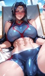 abs ai_generated beach big_balls big_penis blue_eyes bulge bulge_through_clothing bulge_under_clothes crop_top dark_blue_hair female from_below full-face_blush futa_only futanari intersex irelia_xan league_of_legends long_hair mature_female muscular muscular_female muscular_futa seductive_smile skin_tight smirk sweat swimming_trunks tall_female thick_arms thick_bulge thick_thighs tight_clothing veiny_penis volleyball_uniform