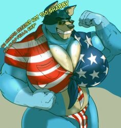 1boy american_flag_bikini american_flag_print bandit_heeler big_breasts big_breasts bluey_(series) busty busty_boy canid canine canine cleavage huge_breasts huge_breasts male male_cleavage male_only male_with_breasts monsterbator solo solo_male