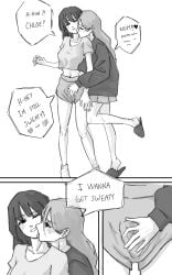 1futa 1girls 2girls bulge bulge_grab bulge_through_clothing bulge_under_clothes comic comic_page comic_panel femdom futa_on_female futanari futanari gripping_cock hugging_from_behind licking sweat sweating sweaty teasing text text_bubble yuri