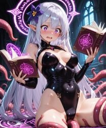 ai_generated bangs bare_shoulders black_leotard blush book breasts buccha cameltoe cleavage clothing covered_navel detached_sleeves elf female female female_only flower grey_hair hair_flower hair_ornament halo highleg highleg_leotard holding holding_book holding_object indoors legwear leotard library long_hair magic_circle medium_breasts navel open_book open_mouth original pointy_ears purple_eyes sitting small_breasts solo spread_legs sweat symbol-shaped_pupils tentacle tentacle_sex thighhighs thighs very_long_hair white_hair