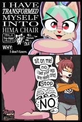 absurd_res ande_(hima_nsfw) annoyed anthro begging brown_hair canid canine chair closed_eyes comic crossed_arms dialogue english_text felid feline female fox frustrated fur furniture green_hair hair hi_res hima_nsfw himalaya_(hima_nsfw) hybrid looking_away lynx male mammal meme neon_genesis_evangelion open_:3 orange_body orange_fur pink_body plastic sickos_meme tan_body tan_fur text the_onion white_body white_fur