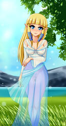 blonde_hair blue_eyes breasts cleavage clothed clothes demigoddess dress female fully_clothed grass hylian long_hair navel nintendo nipples outside pointy_ears princess_zelda pussy sea see-through sigurdhosenfeld sky skyward_sword smile solo the_legend_of_zelda uncensored zelda_(skyward_sword)