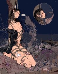 ... 1boy baldur's_gate baldur's_gate_3 bishounen black_hair bondage bound bruise bruise_on_chest bruise_on_face bruise_on_leg cazador_szarr creature dock dungeons_&_dragons earrings highres injury jewelry male male_focus night open_clothes open_shirt outdoors penis restrained sitting sky solo starfish tentacle vihua6