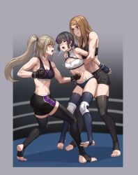 3girls crop_top female female_domination female_only gloves held_from_behind lifted lifted_by_another long_hair midriff multicolored_hair multiple_girls navel original_character original_characters pants ponytail puke ryona situyan0303 stomach_punch thighhighs wrestling_ring