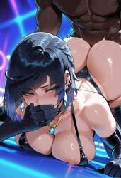 1boy 1girls ai_generated areolae ass bangs bare_shoulders bent_over bikini black_gloves black_hair blue_hair blush braid breasts cleavage clothing clothing_aside covering_own_mouth curvaceous curvaceous_female curvaceous_figure curvy curvy_figure dark-skinned_male dark_skin diagonal_bangs dice doggy_style earrings elbow_gloves female female female_focus genshin_impact gloves green_eyes hoyoverse huge_breasts interracial jewelry large_breasts legwear male miyuai mole multicolored_hair muscular necklace nipples nude penis piercing prone_bone sex sex_from_behind short_hair solo_focus straight sweat swimsuit taken_from_behind thighhighs thighs voluptuous voluptuous_female wet yelan_(genshin_impact)