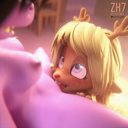 2girls 3d_(artwork) anthro antlers blonde_hair blue_eyes breasts brown_body brown_fur buckteeth cunnilingus deer deltarune digital_media_(artwork) duo female female/female freckled_face freckles fur hair hi_res horn looking_up_at_partner mammal new_world_deer nipples noelle_holiday non-mammal_breasts non-mammal_nipples oral purple_body purple_scales pussy red_nose reindeer reptile scales scalie sex susie_(deltarune) teeth undertale_(series) vaginal_penetration vulva yuri zh7