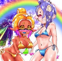 2girls alternate_hairstyle bare_shoulders beach_ball bikini blue_bikini blue_hair blush breasts cleavage female female_only frye_(splatoon) frye_(splatoon_raiders) hair hair_over_one_eye inkling inkling_girl large_breasts looking_at_viewer mazuo917 navel nintendo octoling octoling_girl official_alternate_hairstyle open_mouth palm_tree pointy_ears rainbow red_eyes shiver_(splatoon) shiver_(splatoon_raiders) side-tie_bikini splatoon splatoon_raiders tentacle_hair tree yellow_bikini yellow_hair