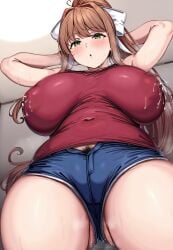 1girls ai_generated ass big_breasts blush breasts breasts_bigger_than_head brown_hair child_bearing_hips doki_doki_literature_club enormous_breasts female green_eyes huge_ass huge_breasts lactation lactation_through_clothes large_breasts long_hair looking_pleasured monika_(doki_doki_literature_club) ponytail thick_thighs thighs