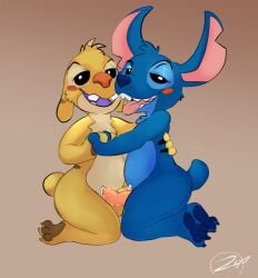 2025 3_toes alien anthro black_eyes blue_body blue_fur blue_nose blush blush_stickers bodily_fluids chest_tuft claws disney duo experiment_(lilo_and_stitch) feet fur genital_fluids genitals hand_holding head_tuft hi_res lilo_and_stitch male male/male notched_ear penis precum red_nose reuben_(lilo_and_stitch) short_tail signature small_tail stitch_(lilo_and_stitch) tail toe_claws toes touching_penis tuft white_eyes zerauskii