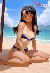 1girls 2d ai_generated areolae ass back bare_shoulders beach big_ass bikini bikini_pull black_hair blue_bikini blue_eyes brown_eyes competition_swimsuit dark_skin dark_skinned_female day erophoenix female female_focus full_body hairclip hayase_nagatoro jewelry long_hair looking_at_viewer ocean one-piece_swimsuit one-piece_tan outdoors patreon_username please_don't_bully_me,_nagatoro sitting skin_fang sky small_breasts smile solo swimsuit tan tan_body tan_lines tanline thick thick_thighs uncensored