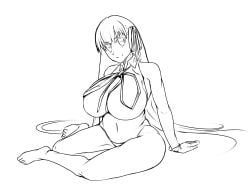 1girls bb_(fate) breasts fate/extra fate/grand_order fate_(series) female female_only hair_ribbon huge_breasts leotard long_hair looking_at_viewer massgrave monochrome navel skindentation sleeveless solo thick_thighs very_long_hair