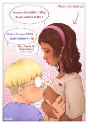 1boy 1girls blonde_hair breast_grab breasts breasts_out breasts_out_of_clothes breasts_sucking dark-skinned_female dark_skin dialogue earrings ebony english_text fat_male fat_man female freckles glasses hairband interracial jazke light-skinned_male light_skin makeup male nerd nerdy_male original red_nails saliva sucking_breasts sucking_nipples