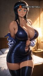 ai_generated arm_behind_back artist_name bare_shoulders bed bedroom black_dress black_hair black_thighhighs blue_eyes blunt_bangs blush breasts cleavage collarbone cowboy_shot curvy dress female huge_breasts indoors jacket lamp latex lips long_hair long_sleeves looking_at_viewer medium_hair meitabuu navel nico_robin off_shoulder on_bed one_piece open_clothes parted_lips partially_unzipped patreon_logo patreon_username pencil_dress pillow shiny_clothes shiny_skin short_dress skindentation sleeveless_dress solo standing stomach thick_thighs thighhighs thighs unzipped unzipping web_address zettai_ryouiki zipper zipper_pull_tab