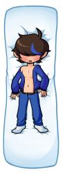 1boy body_pillow_design hair_covering_eyes hair_highlights jacket_open masculine no_shirt pants rpr_(character) rpr_(character)_(male) rprsonic self_insert socks