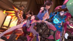 3d alternate_costume areolae asian breasts cadet_oxton d.va devil_horns devil_mercy from_behind garrison_cap genji hanamura_(map) headphones interracial junkrat meka mercy nihmz nipples oral overwatch roadhog source_filmmaker tracer widowmaker yuri