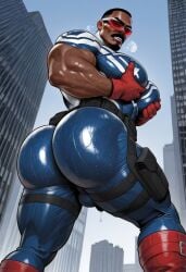 ai ai_generated balls_bulge bara bara_tiddies bara_tits big_ass big_ass_(male) big_breasts big_butt big_chest big_tits black_hair busty captain_america captain_america_(series) civitai dark-skinned_male gayafgramsci huge_ass huge_breasts huge_butt huge_chest marvel marvel_comics precum precum_through_clothing sam_wilson sunglasses sweaty sweaty_ass sweaty_butt