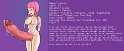 character_sheet female futanari gorillakingh huge_cock hyper_penis intersex large_penis pink_hair precum quina_(gorillakingh) text