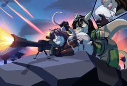 5_fingers alien anal anthro armor bottomwear brown_body brown_fur brown_hair close-up closed_eyes clothing duo fantalodon female fennephilim_fox fingers fish fur green_body green_eyes green_hair gun hair helldivers hi_res holding_butt holding_tail_up laser_beam male male/female mammal marine mouse murid murine oral pants ranged_weapon rifle rimming rock rodent sex shark sniper_rifle torn_bottomwear torn_clothing torn_pants vulva weapon white_body white_fur