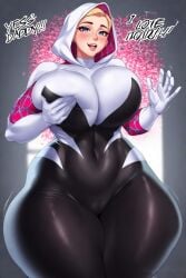 gwen_stacy holding_breast huge_breasts looking_at_viewer spider-gwen thick_thighs