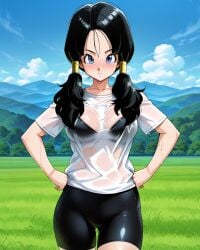 2025 ai_generated anime bikini_under_clothes black_bikini black_eyebrows black_hair_female black_long_hair blue_eyes_female closed_mouth crunchyroll dragon_ball golden_hairwear hands_on_hips instagram manga meta mouth_closed park_background red_cheeks toei_animation unknown_artist videl_(long_hair) wet_body wet_clothes wet_shirt wet_shorts wet_skin