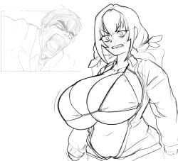100_kanojo 1boy 1girls aijou_rentarou bikini bikini_top blush breasts busty cleavage exposed_breasts eyebrows_visible_through_hair female female_focus flustered furrowed_brow huge_breasts inda_karane kimi_no_koto_ga_dai_dai_dai_dai_daisuki_na_100-nin_no_kanojo long_hair looking_at_viewer massgrave monochrome open_clothes short_hair slightly_chubby tied_hair twintails
