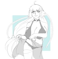 1girls ahoge bikini braid cleavage eyebrows_visible_through_hair fate/grand_order fate_(series) female female_only huge_breasts jeanne_alter long_hair looking_at_viewer massgrave monochrome smile solo swimsuit tied_hair very_long_hair