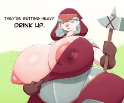 agnes_(kkoart) anthro areola areola_slip armor big_breasts bodily_fluids bovid breasts caprine clothing clothing_pull english_text exposing female fur gloves hammer handwear holding_object holding_weapon hood huge_breasts kkoart lactating looking_at_viewer mammal milk nipple_outline nipples one_breast_out open_mouth pink_body pink_nipples sheep solo text tools weapon white_body white_fur white_wool wool_(fur)