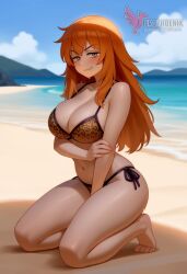 1girls 2d ai_generated ass barefeet big_ass big_breasts bikini breasts cleavage day erophoenix feet female female_focus full_body gamo-chan grin leopard_print long_hair looking_at_viewer ocean orange_eyes orange_hair outdoors patreon_username please_don't_bully_me,_nagatoro solo solo_female sweat swimsuit thick thick_thighs toes uncensored