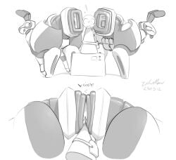 2025 absurd_res arthropod ass bent_over between_butts big_butt box bug_(sofmallow) container group hi_res long_ears looking_back machine monochrome narrowed_eyes open_mouth rear_view robot signature simple_background smile sofmallow standing_on_box taur thick_thighs tongue tongue_out tools trio white_background wrench