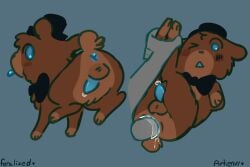 anal anal_sex anus artienvy bear blue_anus blue_eyes blue_penis blue_tongue blush blush_lines bodily_fluids bow_tie brown_body brown_fur clothing countershading disembodied_hand disembodied_penis ears_down feral feralized five_nights_at_freddy's freddy_(fnaf) fur genital_fluids genitals grey_body grey_penis grey_skin headgear headwear hi_res legs_held_up legs_together looking_back male male/male mammal nub_tail one_eye_closed penetration penis pivoted_ears precum scottgames tongue tongue_out