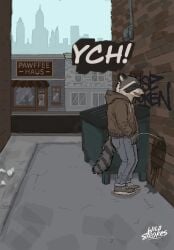alley bodily_fluids building city clothed clothing coffee_shop door dumpster genital_fluids genitals graffiti hi_res male mammal partially_clothed peeing peeing_outside penis penis_poking_out penis_through_fly penis_tip procyonid raccoon sidewalk silhouette skyline solo street urine urine_pool urine_stain urine_stream wild_strokes window ych_(character)