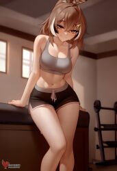 1girls 2d ai_generated ass barefeet big_ass breasts brown_hair erophoenix feet female female_focus full_body gym hairclip hololive hololive_english hololive_english_-council- hololive_english_-promise- indoors looking_at_viewer medium_breasts nanashi_mumei navel patreon_username short_shorts shorts solo solo_female sports_bra sweat thick thick_thighs toes uncensored virtual_youtuber vtuber