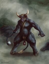 anthro artist_name balls beard black_body black_penis blonde_hair bovid bovine cattle facial_hair foreskin front_view full-length_portrait genitals hair hi_res holding_object holding_weapon humanoid_genitalia humanoid_penis male male_anthro mammal musclegut muscular muscular_anthro muscular_male nude outside overweight overweight_anthro overweight_male penis portrait red_eyes rock saggy_balls satanic_monkey short_hair solo standing tail tail_tuft text tuft weapon