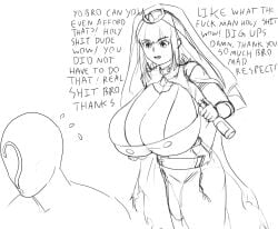 1girls anon breasts breasts_bigger_than_head busty cleavage dialogue dress english_text eyebrows_visible_through_hair faceless_male female female_focus hololive hololive_english huge_breasts long_hair massgrave massive_breasts monochrome mori_calliope veil virtual_youtuber vtuber