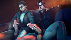 2boys 3d bottomless couch cum erection handjob leon_scott_kennedy male_only mole_on_balls multiple_boys penis penis_grab piers_nivans precum resident_evil sitting source_filmmaker testicles yaoi