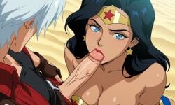 1boy 1girls ai_generated blowjob breasts crossover dante dante_(devil_may_cry) dc dc_comics devil_may_cry diana_prince face fellatio female male penis white_hair wonder_woman wonder_woman_(series)