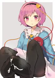 ahoge bangs black_legwear blue_shirt cum cum_on_body cum_on_feet cum_on_lower_body feet female hairband heart long_sleeves looking_at_viewer no_shoes pantyhose pink_eyes pink_hair satori_komeiji shirt short_hair signature simple_background sitting soles solo sweat tamagogayu1998 third_eye touhou