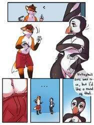 2017 5_fingers anthro avian bird breasts bulge canine clothing comic duo english_text erection female fox fur glacebon hi_res male mammal masturbation nude pearl_(boolean) penis penis_tip puffin pussy pussy_juice simple_background text werefox_(character) white_background